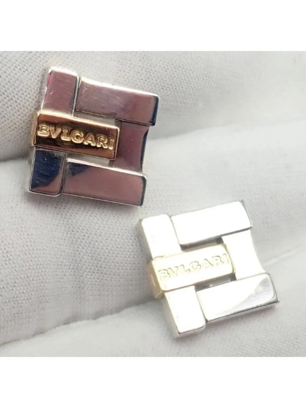Authentic! Bulgari Bvlgari 18k Yellow Gold + Sterling Silver Square Cufflinks